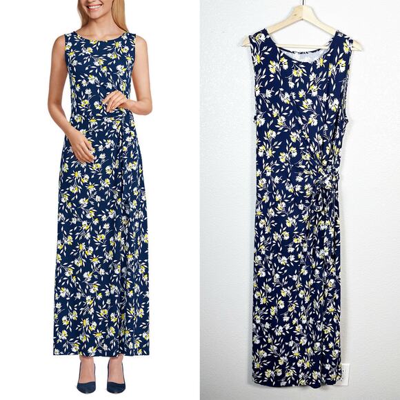 Lands End Womens Plus Size Sleeveless Tie Waist Maxi Dress Navy Blue Floral 2X - Picture 1 of 14